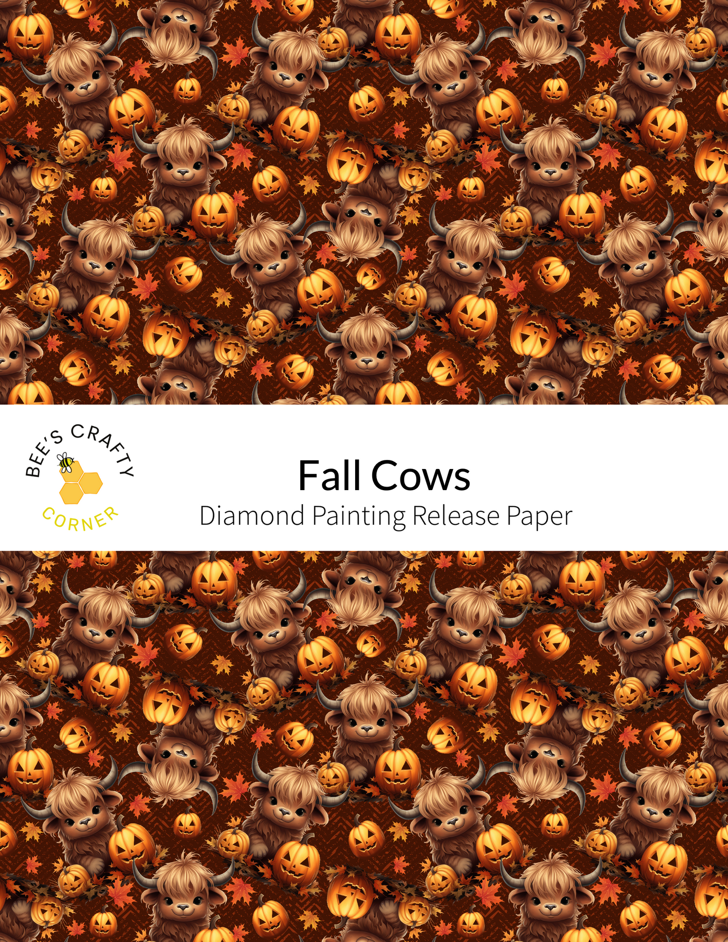 The image is a repeating pattern of brown cows and pumpkins against a brown background.