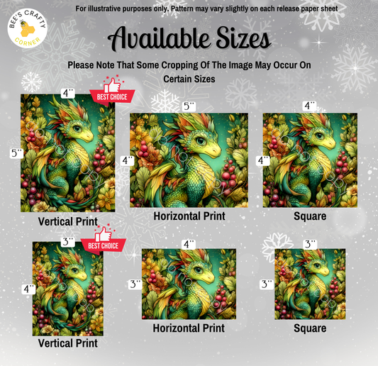 The image is a collection of six different sizes of dragon paintings, each with a unique style and color scheme. The dragon paintings are arranged in a grid format, with three rows and two columns. The sizes of the paintings vary, ranging from 4" to 5" in height. The text in the image provides information about the available sizes and suggests that some cropping may occur on certain images, but the exact cropping sizes are not described.