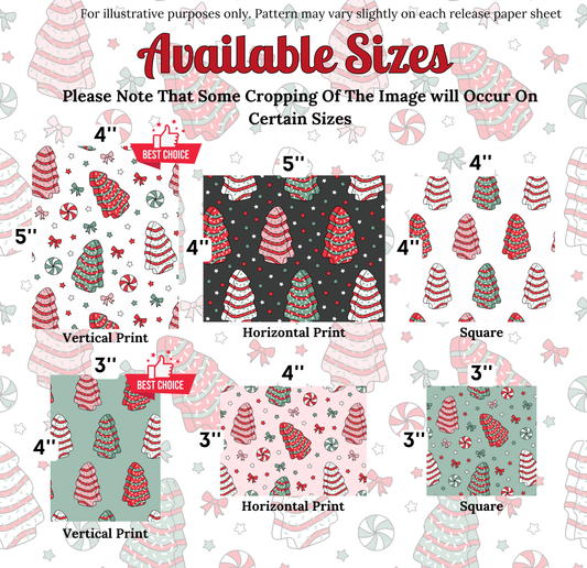 various sizes of Christmas tree patterns, including vertical, horizontal, and square designs. The patterns feature a mix of red and green colors, along with candy canes and other festive elements. The text indicates that some cropping of the image may occur on certain sizes, and the available sizes are 4", 5", 4", 5", 4", and 3".