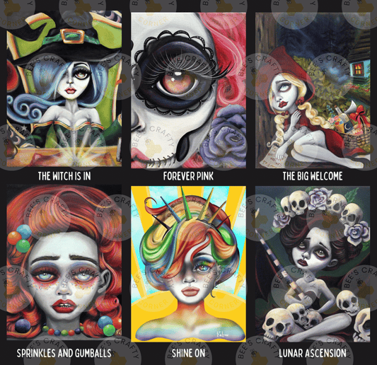 six distinct illustrations, each featuring a different artistic style and subject matter. The illustrations include a witch, a skull, a woman with a red hat, a woman with colorful hair, a woman with a bow, and a woman with a skull and rose headpiece. Each illustration is unique and showcases the artist's creativity and skill in their work.