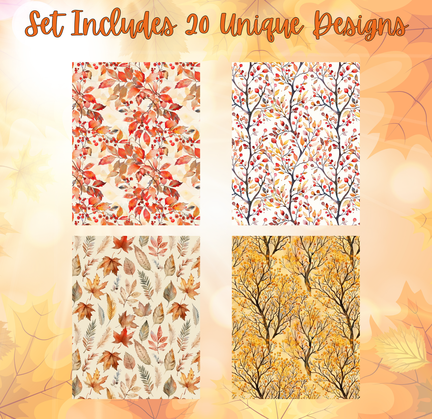four different patterns or designs, each with a unique color scheme and arrangement of leaves, branches, or other natural elements. The patterns include a mix of red, orange, yellow, and green colors, as well as various leaf shapes and sizes. The image does not contain any text or additional objects, and the arrangement of the elements suggests a collage or a collection of individual images.
