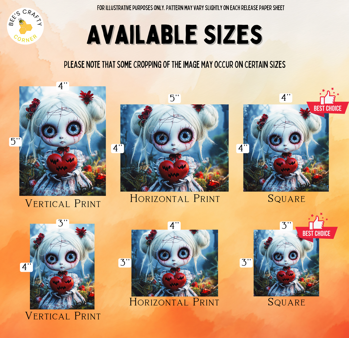 The image is a collage of six images featuring a creepy doll with a red heart. The doll has a white face, red hair, and a red heart around its neck. The doll is shown in different sizes, including a 4-inch, 5-inch, 4-inch, 4-inch, 4-inch, and 4-inch version. The doll is also shown in vertical and horizontal prints, as well as a square print. The images are arranged in a grid format, with each image being a different size.