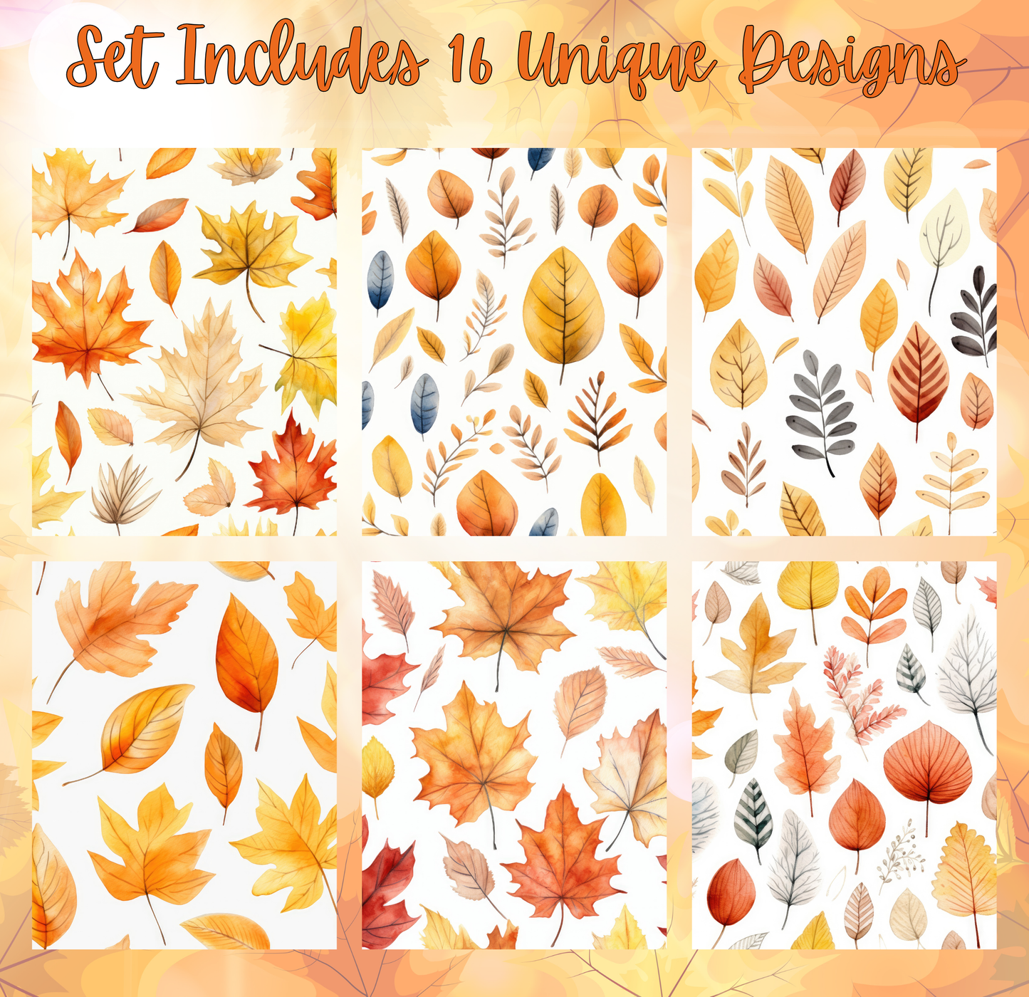 a set of six unique designs featuring various patterns and arrangements of autumn leaves and foliage.