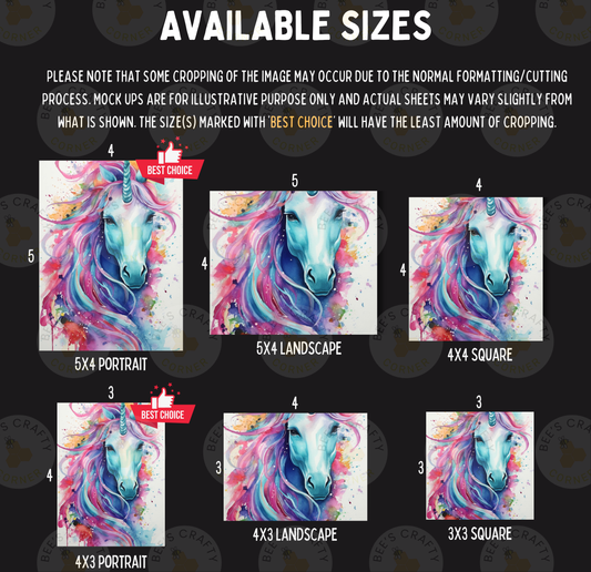 The image is a collage of six different sizes of unicorn portraits, each with a unique color scheme and style. The sizes range from 5x4 to 5x3, and the portraits are labeled with the best choice for each size.