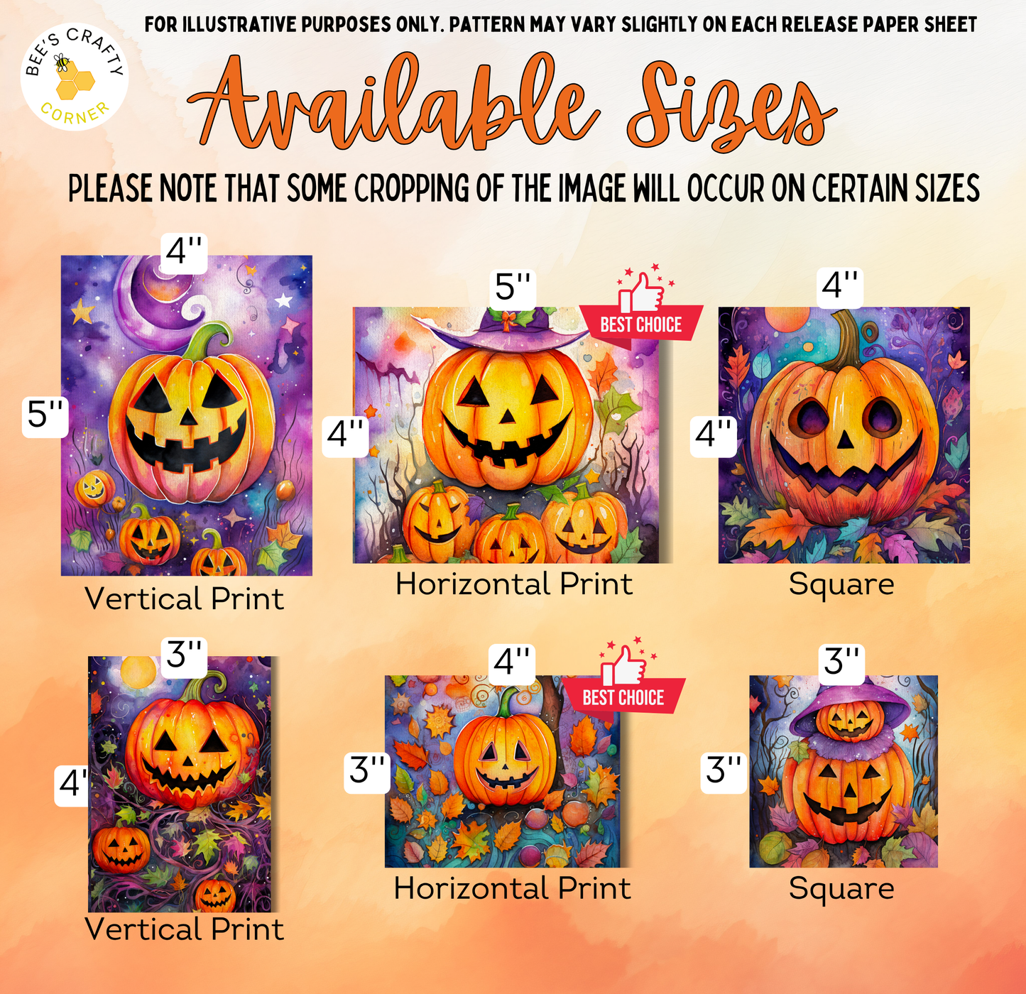 The image is a collection of Halloween-themed paintings or illustrations, each depicting a jack-o-lantern in a different size and style. The available sizes are 4", 5", 4", 5", 4", and 3", with the exception of the vertical print, which is 3".