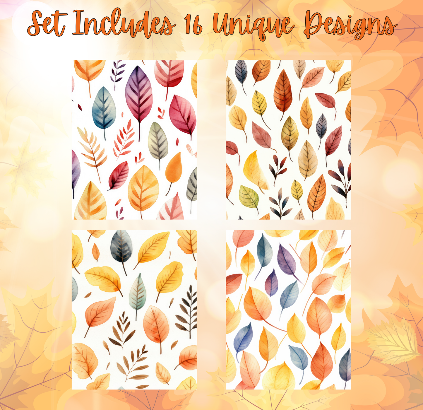 four different designs featuring various patterns of leaves and foliage, including a variety of colors and shapes.