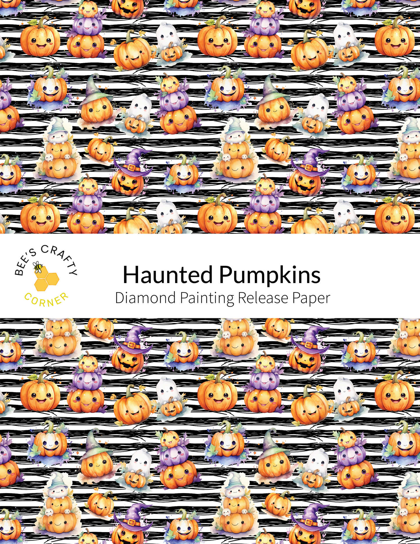 The image is a repeating pattern of various Halloween-themed pumpkins and ghost decorations arranged in a diagonal line across a black and white striped background.