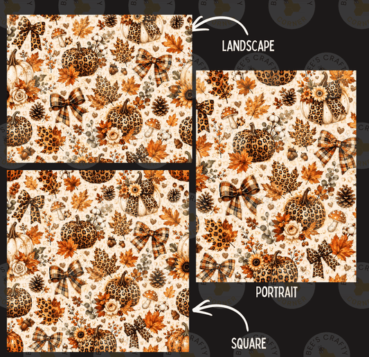 three different pictures of a pattern with various autumn-themed elements, including leopard print, pumpkins, leaves, and bows. The images are labeled as "Landscape", "Portrait", and "Square".