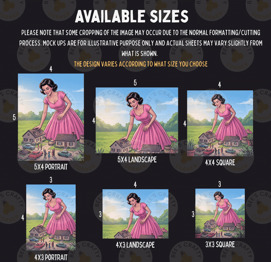 six different sizes of illustrations featuring a woman in a pink dress, with varying landscapes and settings.