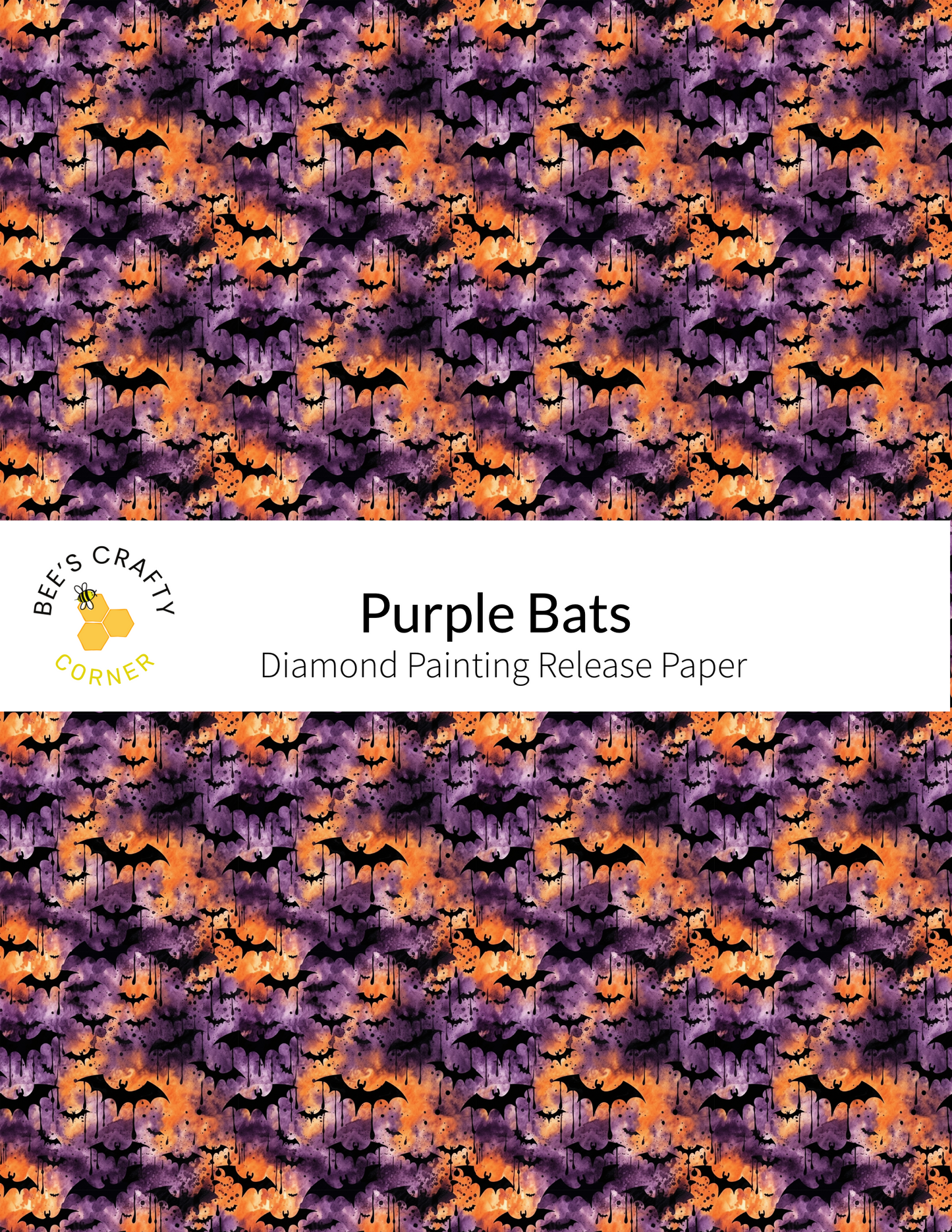 The image is a repeating pattern of purple bats against a background of orange and purple bats, creating a visually striking and festive design.