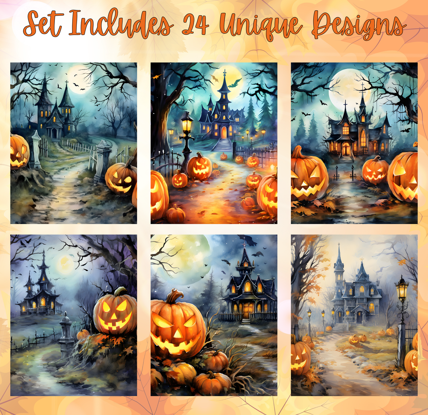 The image is a collage of 24 unique Halloween-themed scenes, featuring jack-o'-lanterns, spooky houses, and a moonlit landscape.