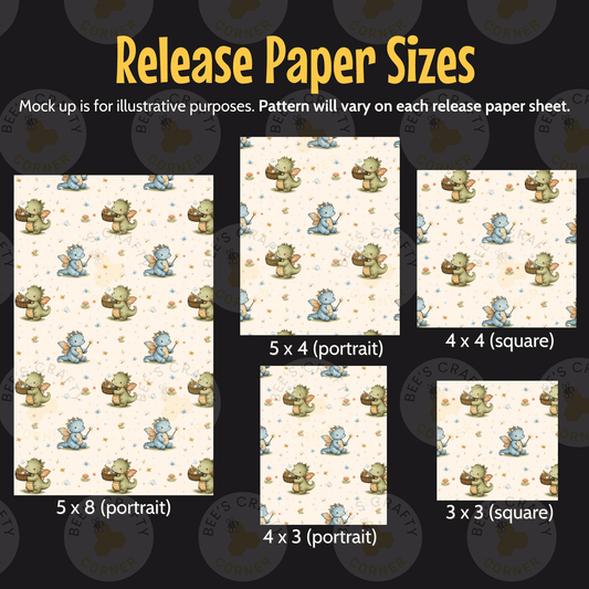 a collection of paper sizes, each featuring a repeating pattern of small cartoon-like creatures, such as dinosaurs or other animals. The sizes vary from portrait to square, and the pattern is consistent across each release. The text indicates that the mock-up is for illustrative purposes and that the pattern will vary on each release paper sheet.