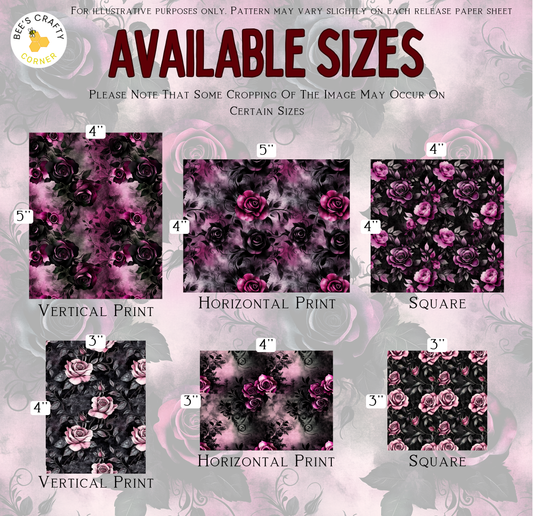 The image is a collection of six different floral patterns, each with varying sizes and designs. The patterns include vertical, horizontal, and square arrangements of roses and other flowers. The text indicates that the image may be used for illustrative purposes only, and that some cropping of the image may occur on certain sizes.