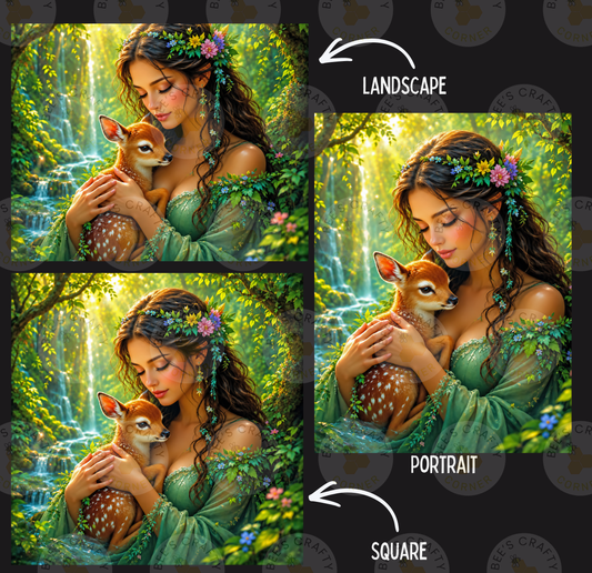 The image is a collage of three pictures depicting a woman holding a deer in a forest setting. The first image is a landscape, the second is a portrait, and the third is a square.