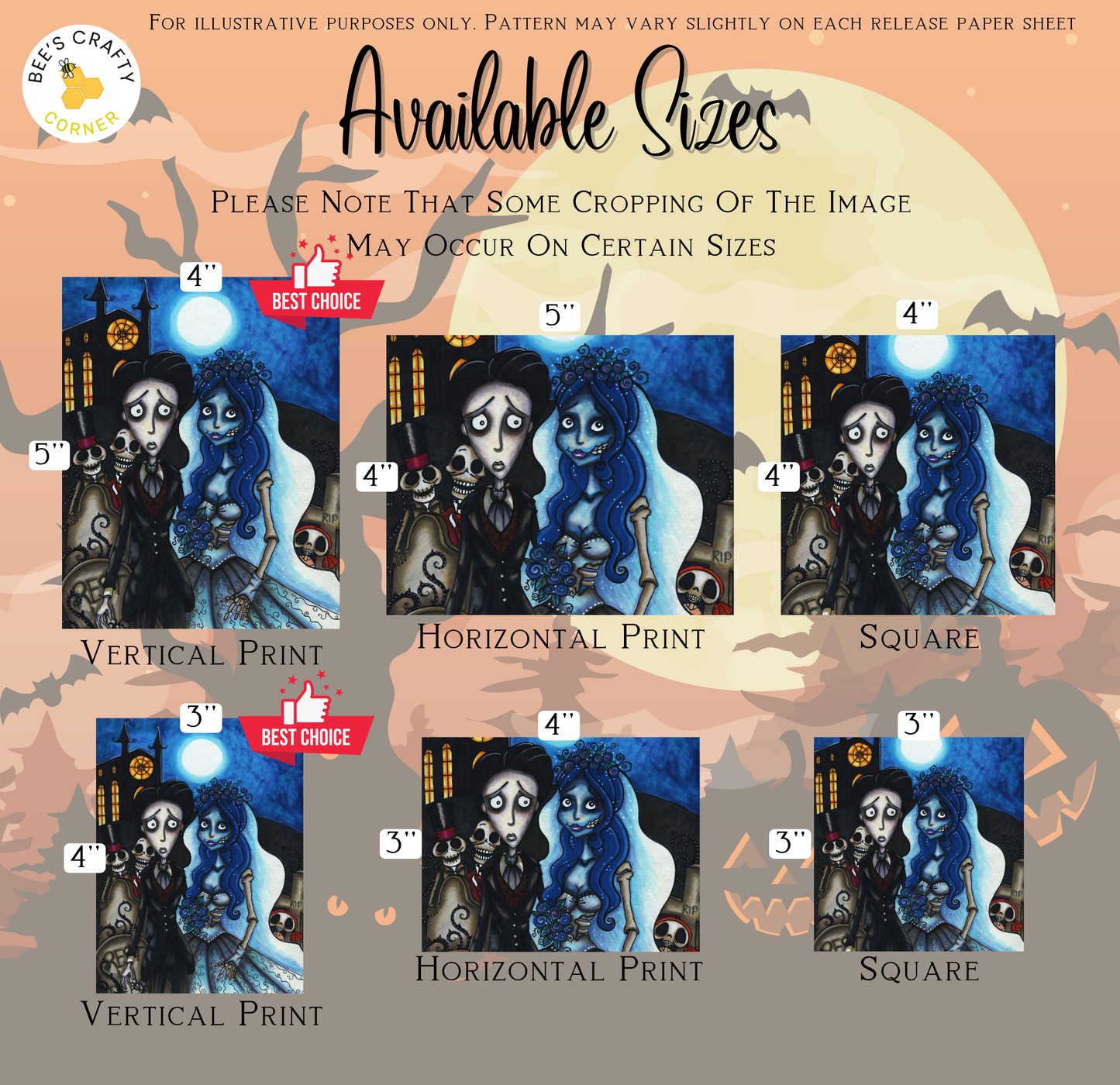 The image is a collection of six different sizes of illustrations depicting the characters from the classic horror film "The scarecrow". The illustrations are in various styles, including vertical, horizontal, and square prints. The sizes range from 3" to 4" in height.