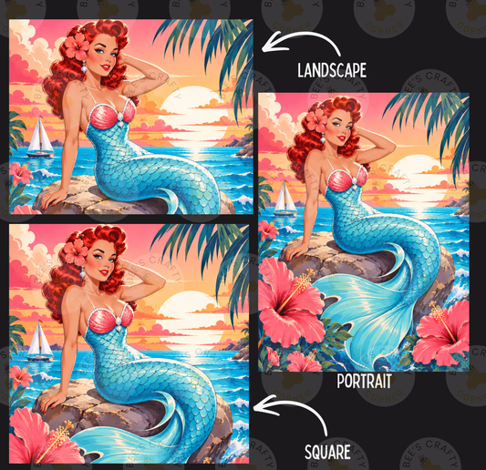 The image is a collage of three pictures depicting a mermaid sitting on a rock, surrounded by tropical elements such as flowers, palm trees, and a sunset.