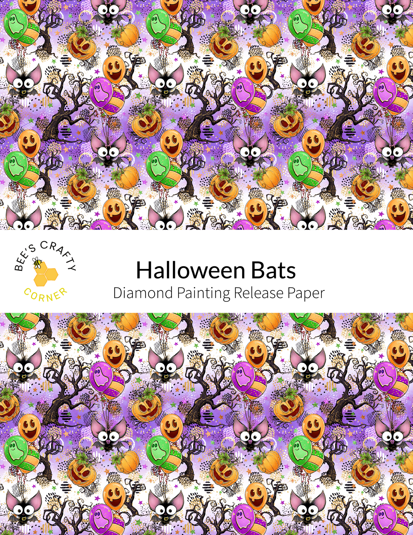 The image is a repeating pattern of Halloween-themed characters, including bats, pumpkins, and other spooky and festive elements. The pattern is a diamond-shaped design with a variety of colors and shapes, creating a visually engaging and festive atmosphere.