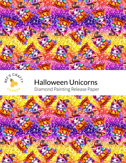The image is a repeating pattern of Halloween-themed unicorn and pumpkin characters, with a glittery background in shades of orange, purple, and yellow.