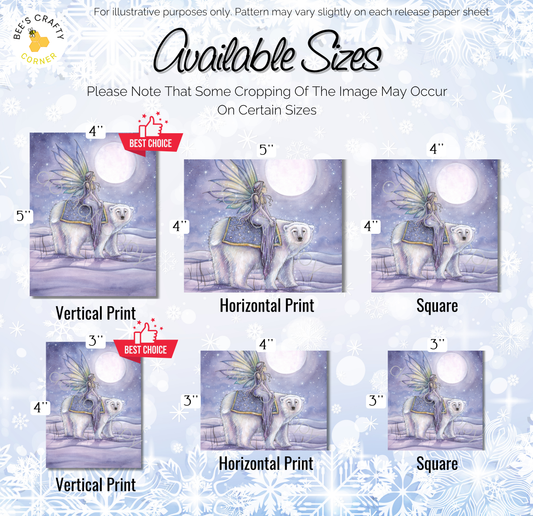 The image is a collection of six different sizes of illustrations depicting a fairy and a polar bear. The illustrations vary in size, ranging from 4" to 5" in height. The illustrations are presented in a vertical format, with the largest one being a 4" square and the smallest one being a 3" vertical print. The illustrations are labeled with their respective sizes, and the text indicates that some cropping of the image may occur on certain sizes.