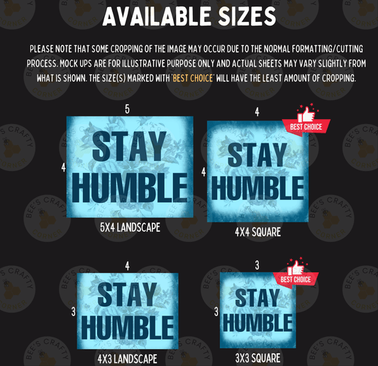 four different sizes of blue and white text that reads "STAY HUMBLE" in a bold, capitalized font. The sizes are labeled from 5 to 3, indicating the image is available in different dimensions.