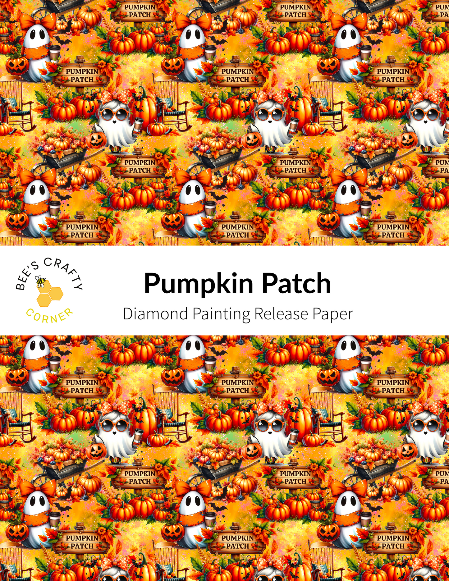 The image is a repeating pattern of Halloween-themed pumpkins and ghost characters, creating a festive and spooky atmosphere.
