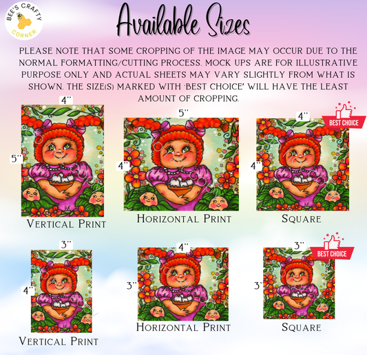 The image is a collage of six different sizes of illustrations of a smiling girl with a flower in her hair. The illustrations are arranged in a grid format, with three images in each row and two images in each column. The sizes of the illustrations vary, ranging from 3" to 4" in height. The illustrations are labeled with the text "Vertical Print" and "Horizontal Print" to indicate the type of print used.