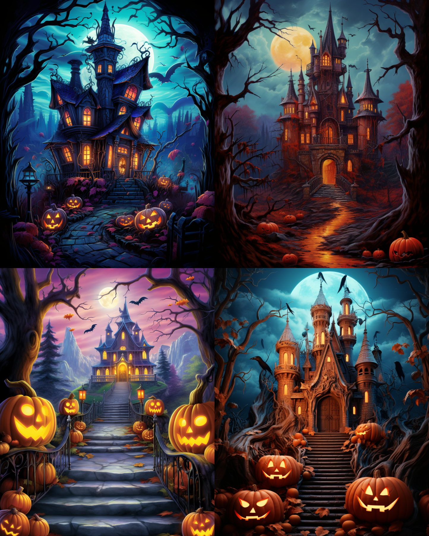 The image is a collage of four Halloween-themed scenes featuring spooky mansions, jack-o'-lanterns, and a moonlit forest.
