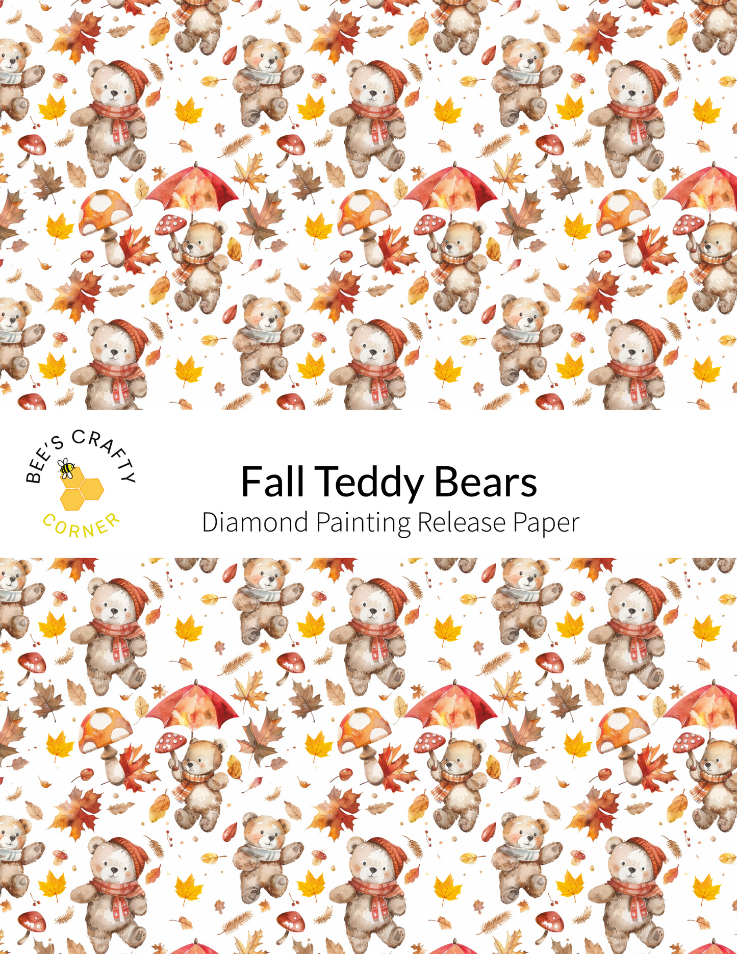 The image is a repeating pattern of teddy bears wearing hats and scarves, with autumn leaves scattered throughout the scene.