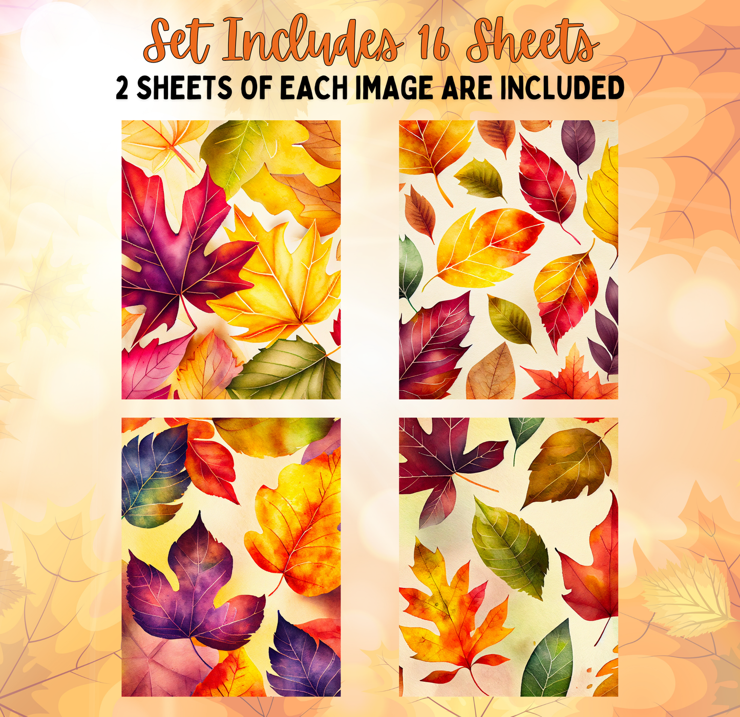 four separate images of colorful autumn leaves, each with a unique pattern and arrangement of leaves. The leaves are depicted in various shades of red, orange, yellow, and green, creating a vibrant and visually appealing display.