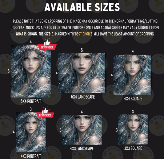 The image is a collage of six images featuring a woman with long, flowing hair and a crown. The images are labeled with their respective sizes, ranging from 5x4 to 5x6, and the caption indicates that the cropping of the image may occur due to the normal formatting/cutting process, and mock-ups are for illustrative purposes only. The actual sheets may vary slightly from what is shown, but the size marked with "BEST CHOICE" will have the least amount of cropping.