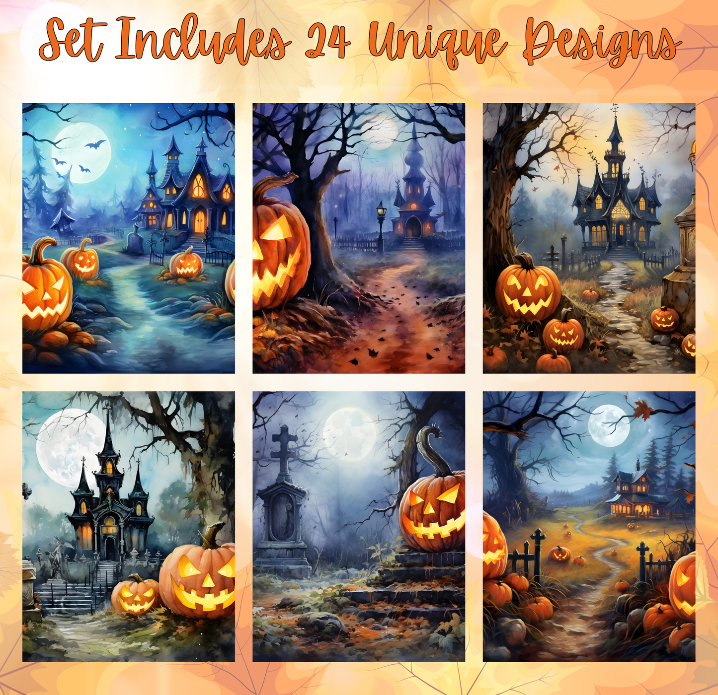 The image is a collage of six Halloween-themed pictures, each featuring a different scene with jack-o-lanterns, spooky houses, and other Halloween elements.