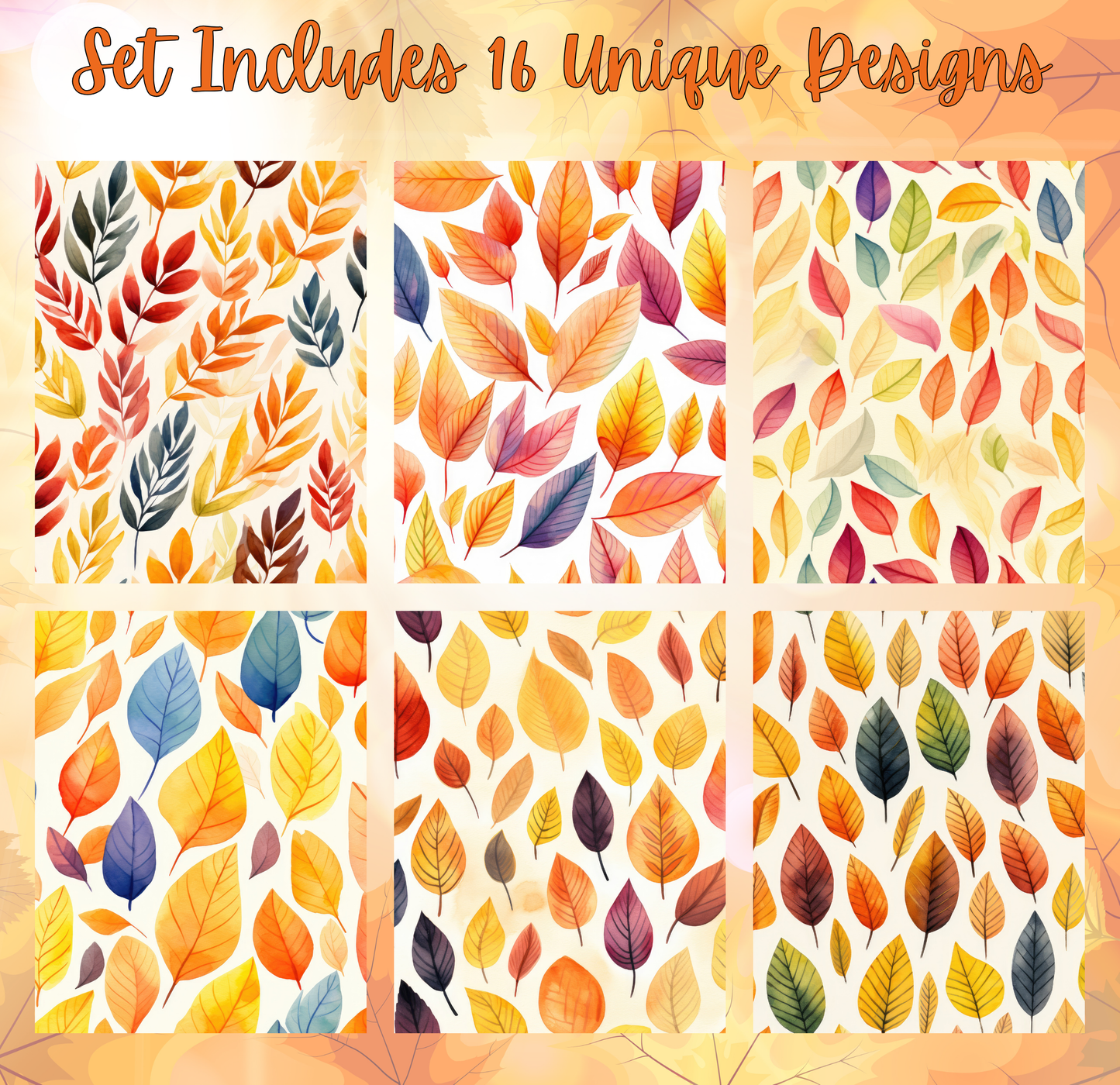 a set of six unique leaf designs, each with a different pattern and color scheme. The designs include various arrangements of leaves in shades of orange, yellow, and green, as well as more intricate patterns with multiple leaves and varying sizes. The images showcase the diversity and creativity of the leaf designs, offering a visually appealing and artistic collection.