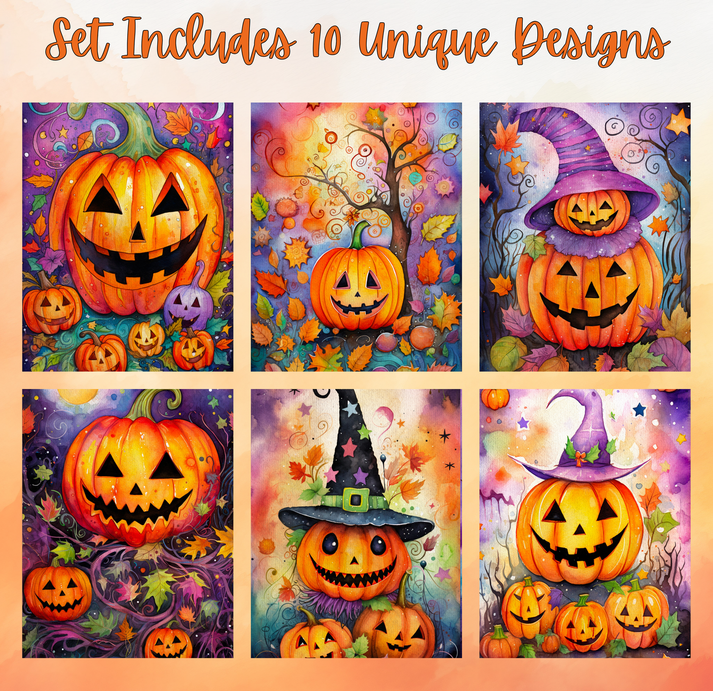 a set of six unique Halloween-themed illustrations, each featuring a jack-o-lantern with a different hat and background design.