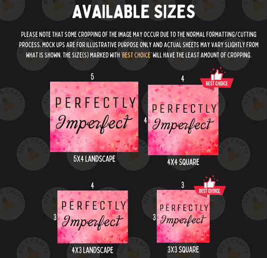 four different sizes of the phrase "Perfectly Imperfect" in various fonts and styles, with the sizes ranging from 5x4 to 3x3. The text is displayed in a pink color, and the sizes are marked with "5", "4", "3", and "3". The image is described as a collage of multiple images, and the phrase is not repeated. The phrase is used as a placeholder for text that would be described in the actual image.