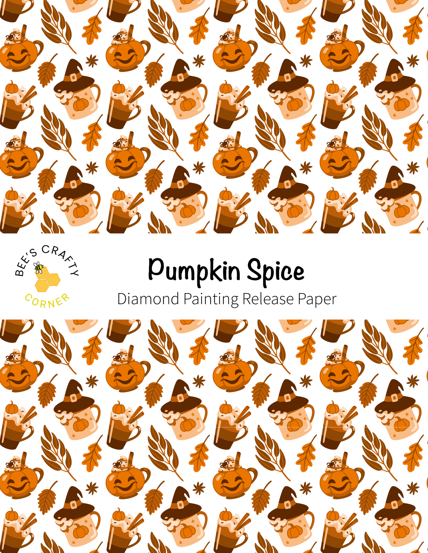 The image is a repeating pattern of Halloween-themed items, including pumpkins, mugs, and leaves, arranged in a diagonal layout.