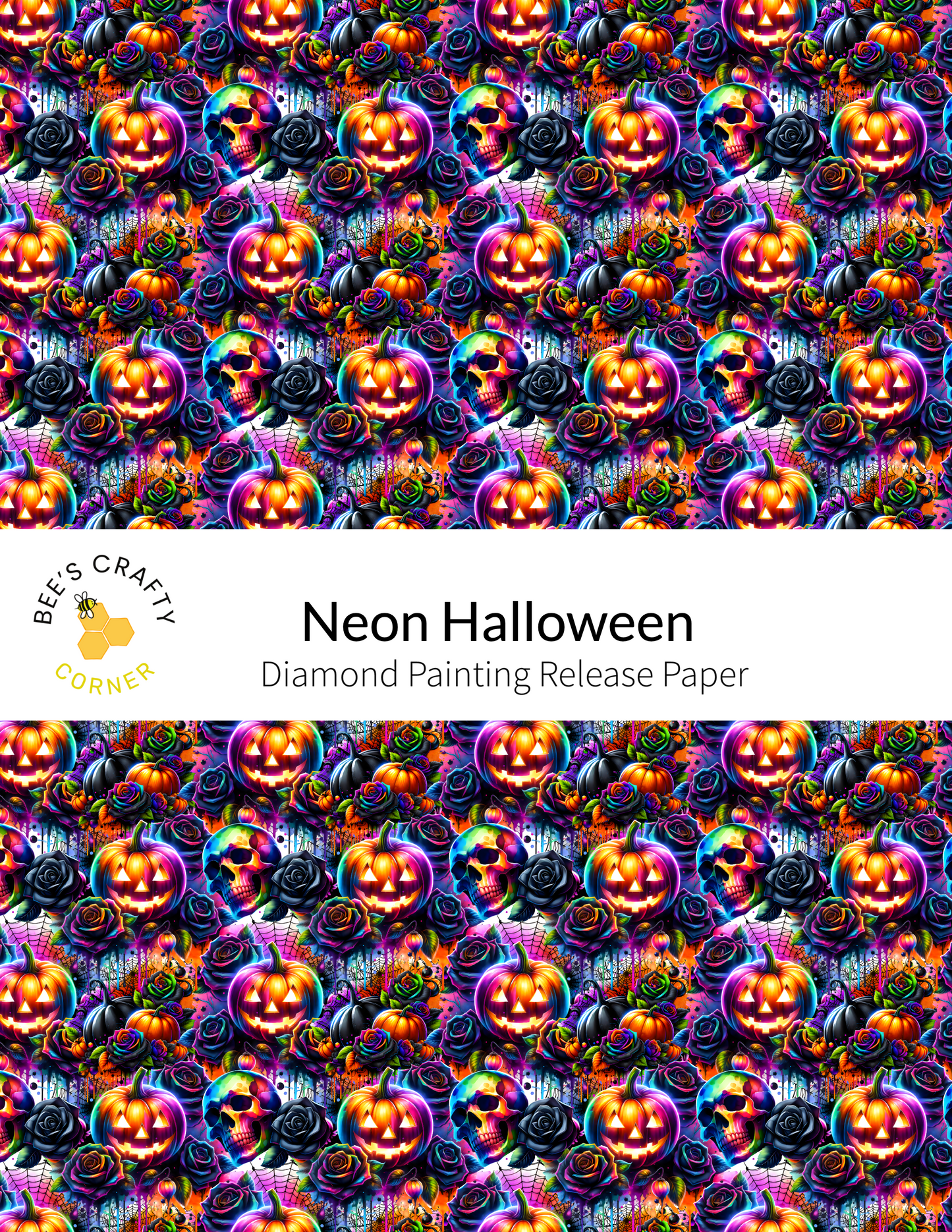 The image is a repeating pattern of Halloween-themed pumpkins and other spooky elements, creating a vibrant and festive atmosphere.