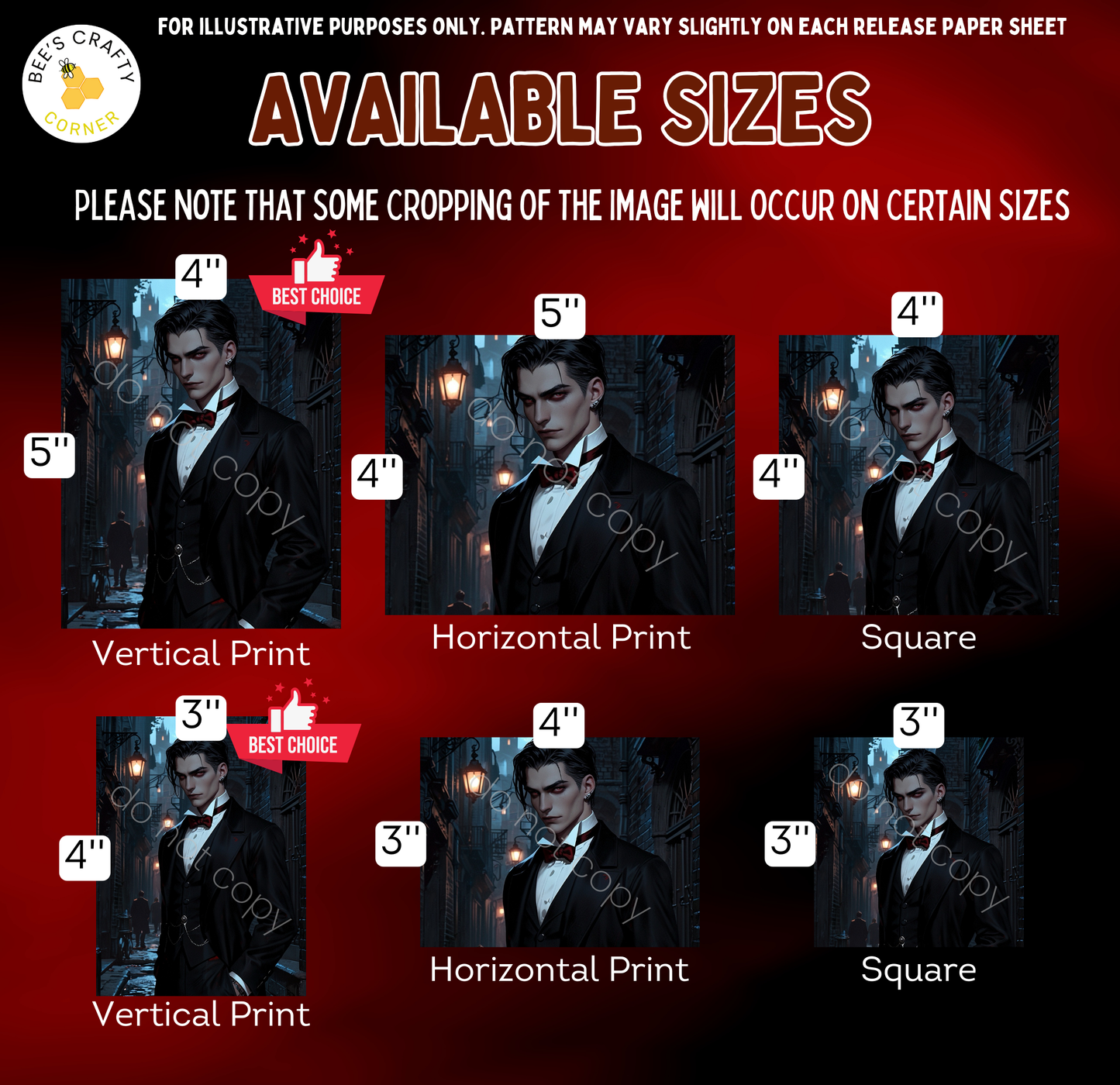 The image is a collage of six different images, each depicting a man in a tuxedo. The images vary in size, with some being larger and others smaller. The man in the tuxedo appears to be wearing a bow tie, and the overall composition suggests a formal or elegant theme. The collage is intended for illustrative purposes, and the text indicates that some cropping may occur on certain sizes, but it does not provide specific details about the cropping process.
