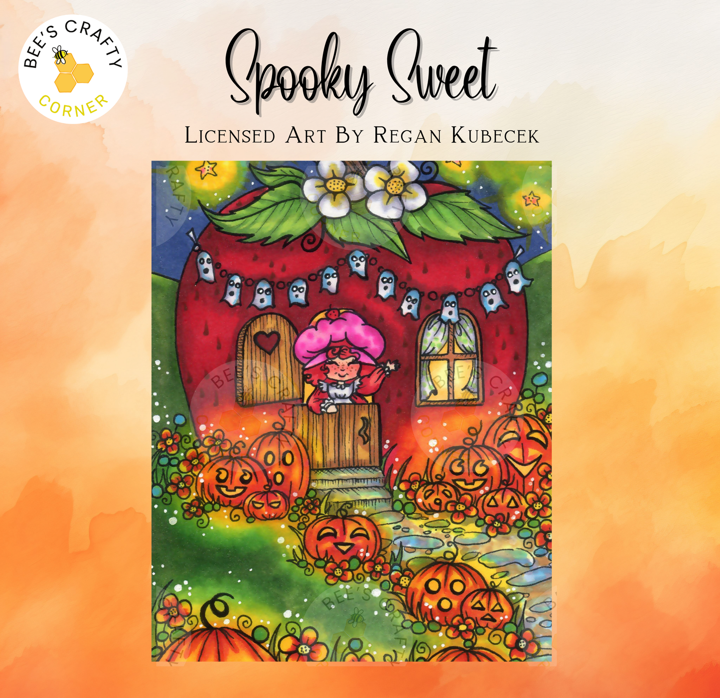 The image is a colorful illustration featuring a whimsical scene with a character, pumpkins, and flowers.