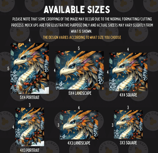 six different sizes of dragon portraits, each with a unique design and color scheme. The sizes range from 5x3 to 5x4, and the portraits are arranged in a grid format. The text indicates that some cropping may occur during the normal formatting process, and that mock-ups are available for illustrative purposes only. The actual sheets may vary slightly from the mock-ups. The text also mentions that the design varies according to the size chosen by the customer.