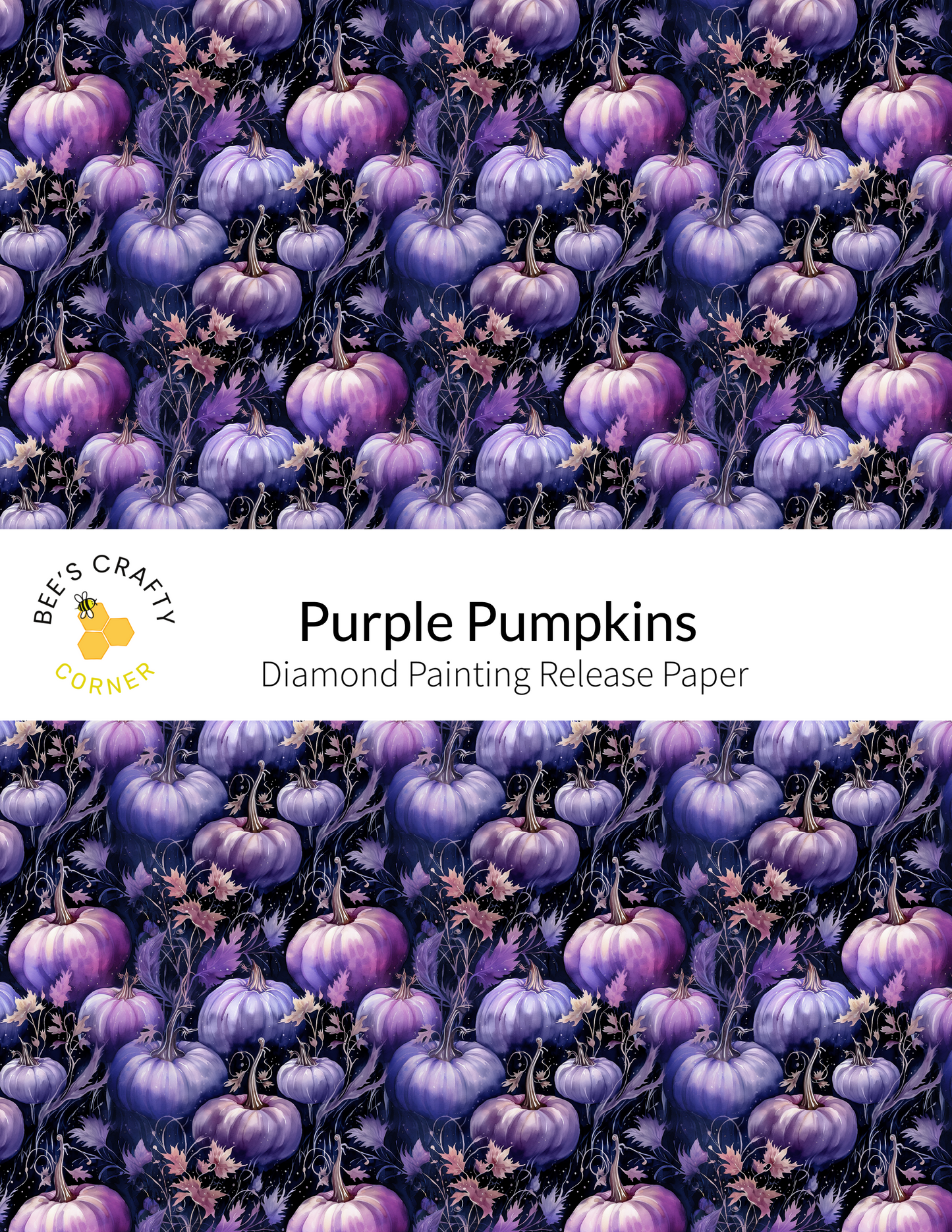 The image is a repeating pattern of purple pumpkins against a dark background, creating a visually striking and vibrant design.