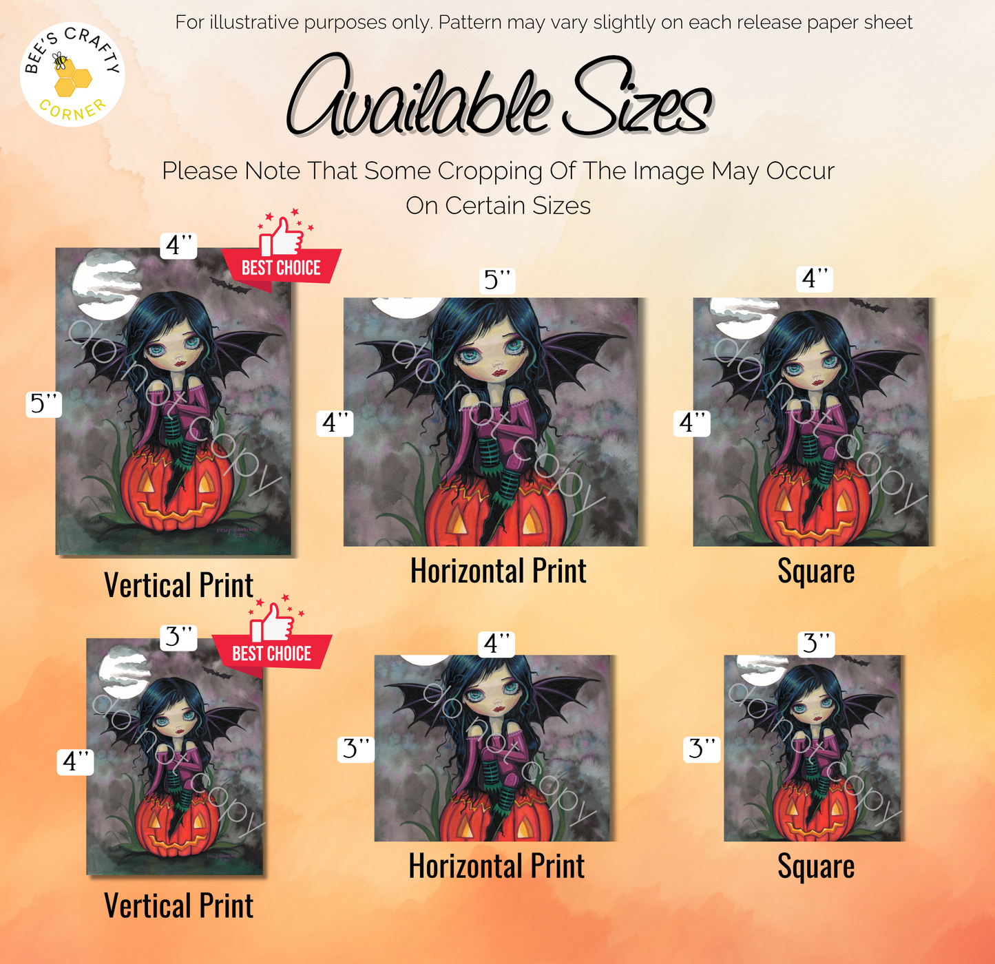 The image is a collection of six different sizes of Halloween-themed illustrations featuring a young girl with wings and a pumpkin. The illustrations are arranged in a grid format, with each size having its own illustration. The sizes are labeled as "Vertical Print", "Horizontal Print", " Square", "Vertical Print", and "Horizontal Print". The text indicates that some cropping of the image may occur on certain sizes, and the sizes are available for illustrative purposes only.
