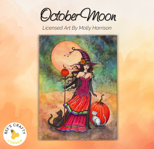 The image is a painting depicting a woman dressed as a witch, holding a pumpkin and accompanied by two cats, with a large moon in the background.