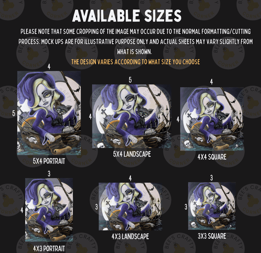 six different sizes of illustrations or artwork, each depicting a different character or scene. The sizes range from 5x4 to 5x3, and the illustrations vary in style and theme. The text indicates that the image may have been cropped due to normal formatting, and that mock-ups are available for illustrative purposes only and actual sheets may vary slightly from what is shown. The text also mentions that the design varies according to the size chosen by the viewer.
