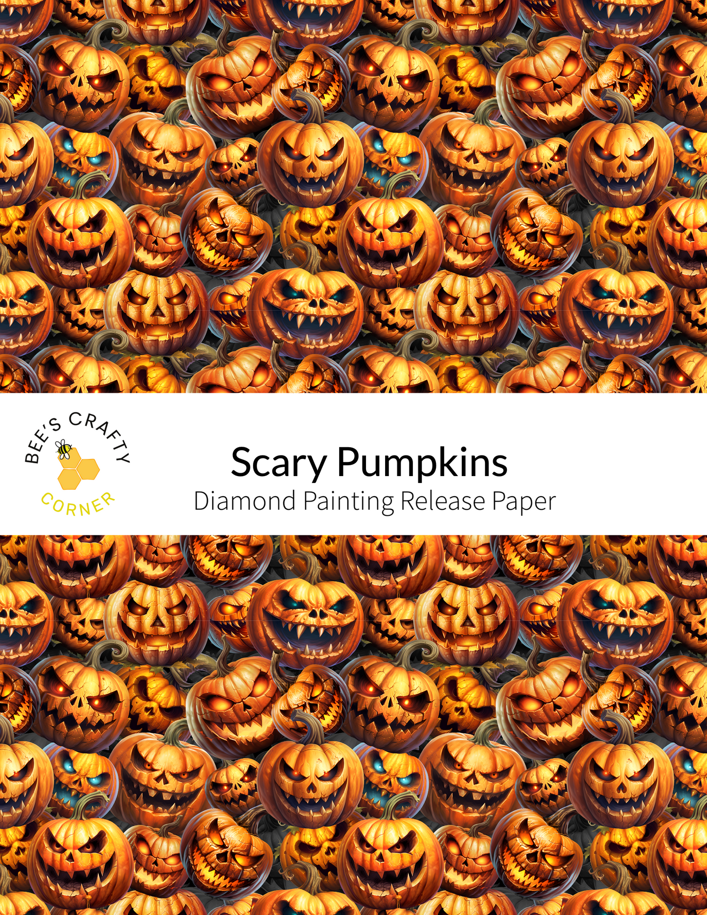 The image is a collage of numerous jack-o-lanterns with varying expressions, creating a visually striking and spooky pattern.