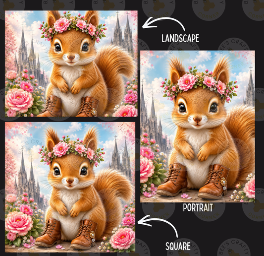 The image is a collage of three pictures featuring a squirrel wearing a flower crown and boots, with the words "LANDSCAPE" and "PORTRAIT" indicating the different artistic styles used.