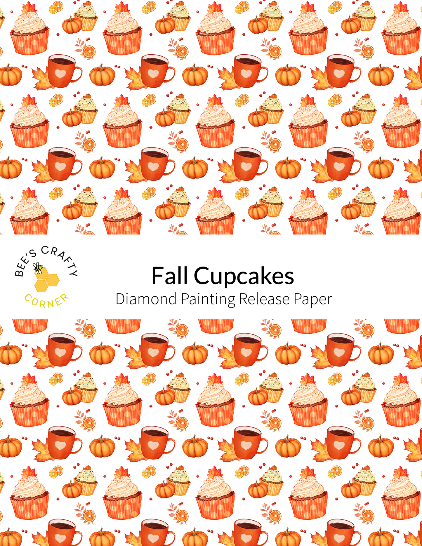 The image is a repeating pattern of fall-themed cupcakes and autumn leaves, with various sizes and colors of cupcakes and leaves scattered throughout the background.