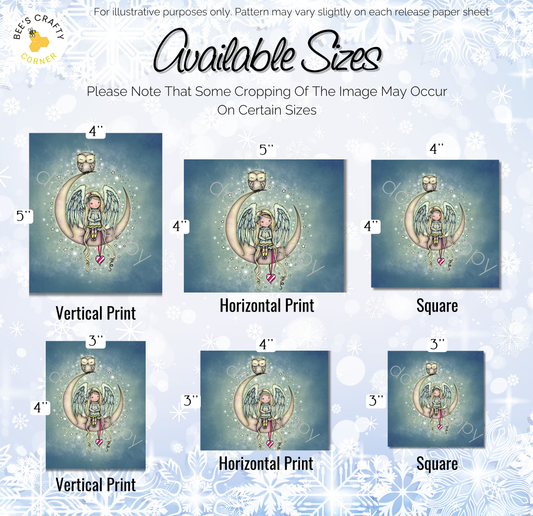 illustrations of various sizes of the same character, which appears to be a winged figure with a crescent moon. The character is depicted in different poses and settings, such as standing, sitting, and interacting with the moon. The image is a collage of multiple images, and the available sizes are 4", 5", 4", 5", 4", 3", and 3".