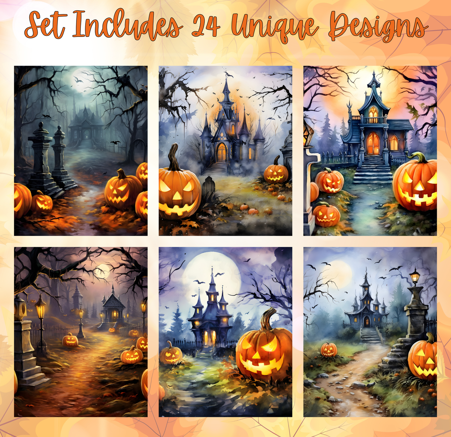 The image is a collage of six Halloween-themed scenes featuring pumpkins, spooky architecture, and a moonlit landscape.