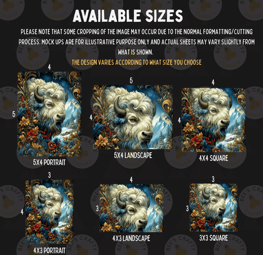 six different sizes of artistic depictions of a white buffalo or bison, each with a unique style and composition. The sizes range from 3 to 6 feet in width, and the images are arranged in a grid format. The text indicates that some cropping may occur during the normal formatting process, and that mock-ups are available for illustrative purposes only and actual sheets may vary slightly from what is shown. The text also mentions that the design varies according to the size chosen by the viewer.