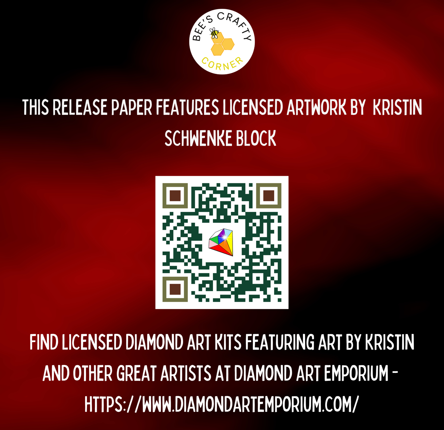 The image is a promotional poster for a release of diamond art kits featuring artwork by Kristin Schwenke Block. It includes a QR code, a list of licensed diamond art kits, and a website address for the Diamond Art Emporium.